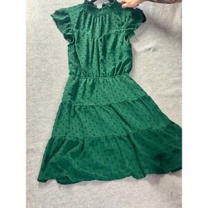 Monteau Los Angeles Green Swiss Dot Smocked Neck Tiered Flutter Mini Dress